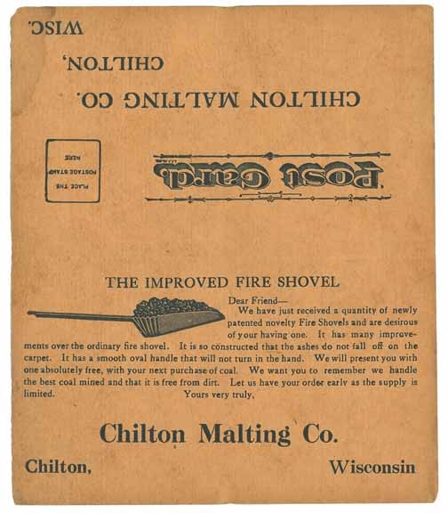 In the early 1900s, coal for the kilns was delivered via railcar. It was also sold to the local community. This promotional postcard was used to generate business...by giving a free fire shovel away with each purchase.